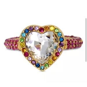 Kurt Geiger Rainbow Crystal Heart Cocktail Ring in Gold Tone